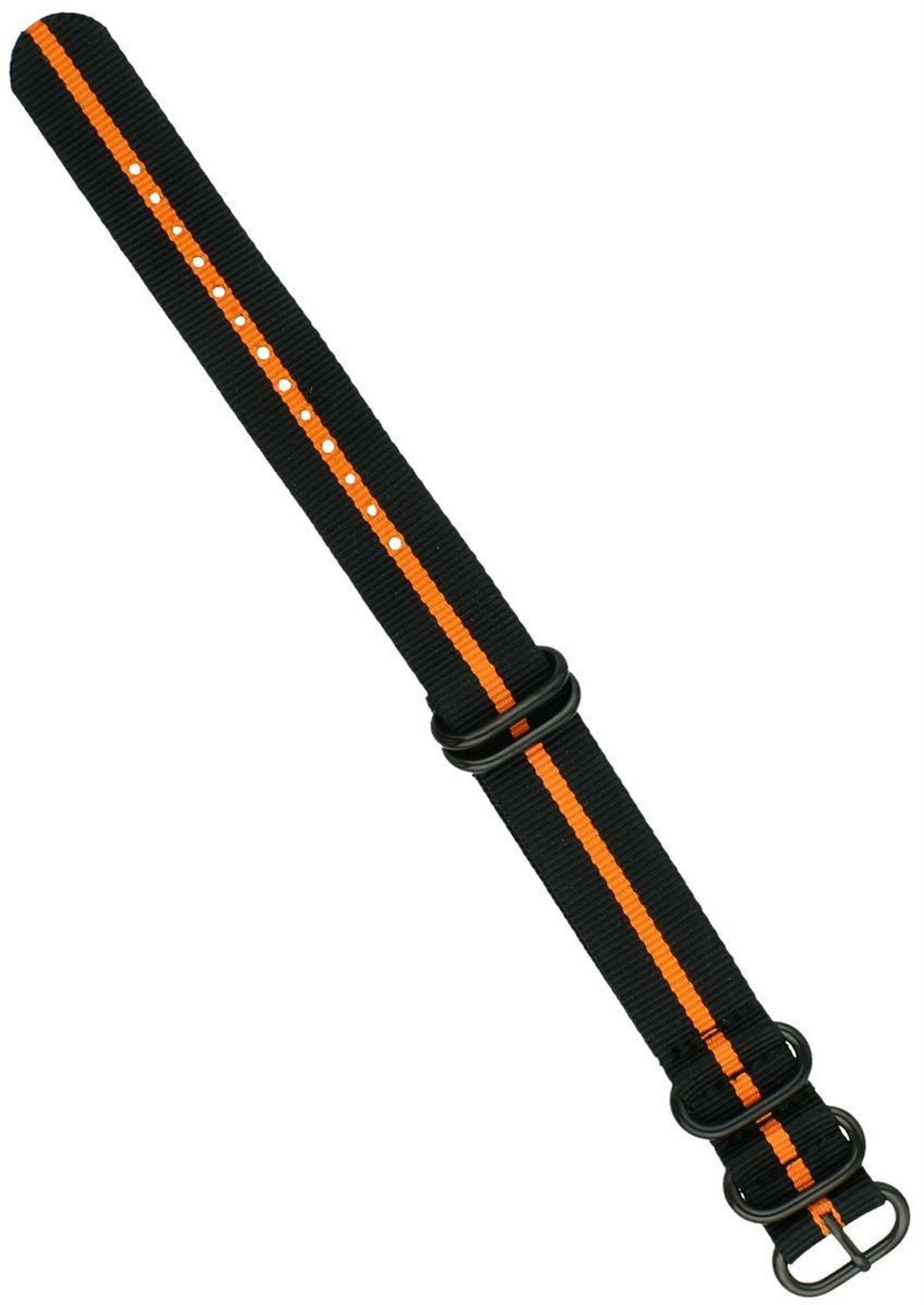 Pasek do zegarka NATO 013 w czarno-pomarańczowym kolorze. Długość 260 mm, szerokość 20 mm, stalowa sprzączka w czarnym kolorze. Idealny do zegarków casualowych i sportowych.1.jpg